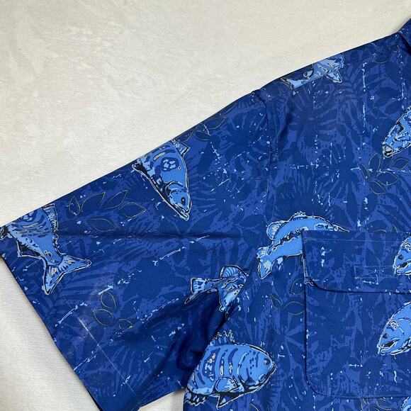 CHAPS Royal Navy Blue Large Buttoned Men's Casual Shirt Bass Fish Print Outdoors - Picture 4 of 8
